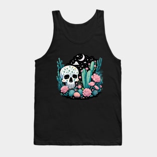 Cactus and Skull with Flowers Starry Night Moon and Stars Tank Top